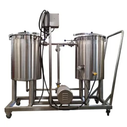 Stainless steel mobile CIP equipment with two tanks and a pump on a wheeled frame.