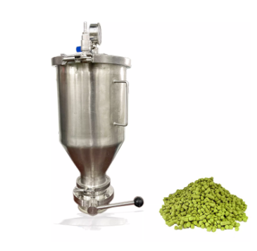 Stainless steel hopper with a lever, next to a pile of green hops.