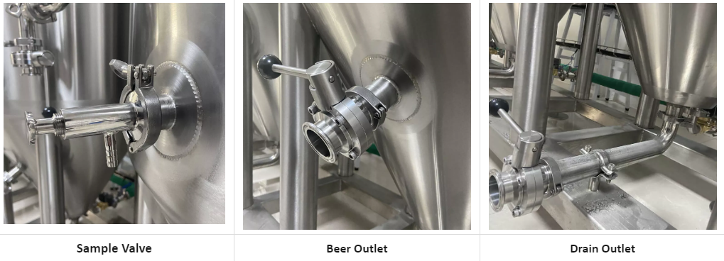 Three stainless steel connections for sample, main, and drain lines in a brewing setup.