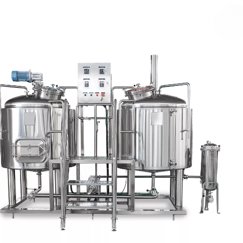 Steel brewing equipment with two brewing tanks and a control panel.