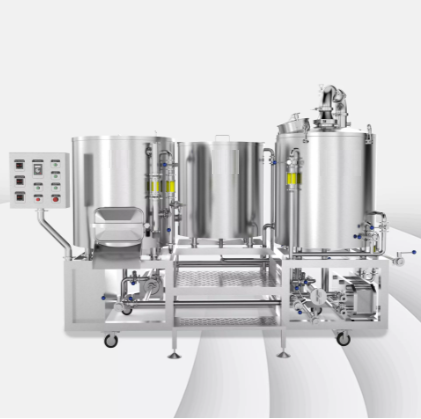 Stainless steel industrial processing equipment with multiple tanks and control panel.