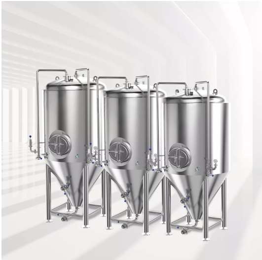 Three metallic fermentation tanks on a light background.
