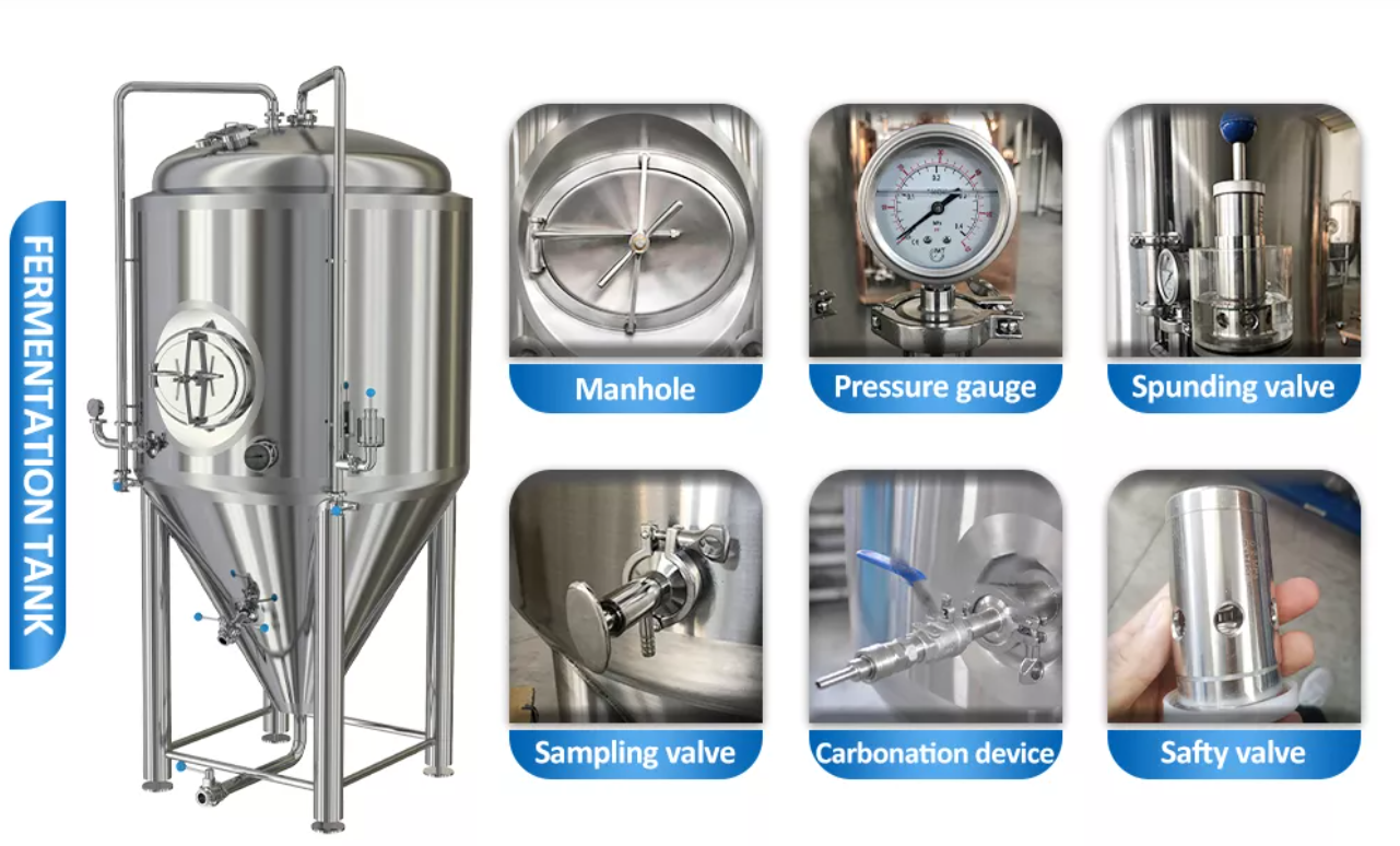 Stainless steel fermentation tank with gauges and valves for brewing processes.