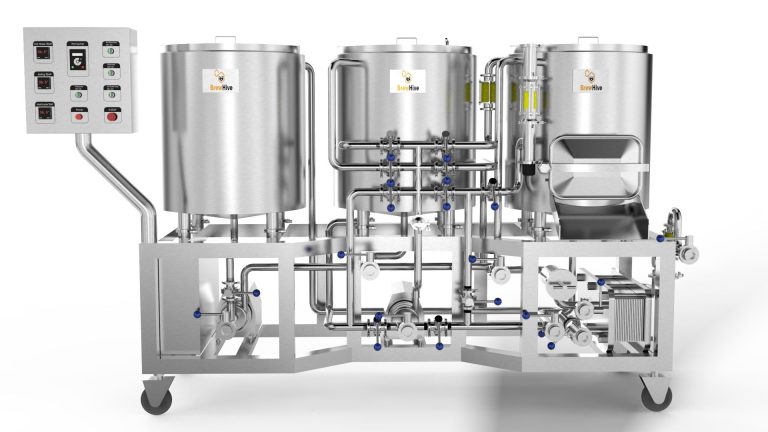 Stainless steel processing equipment with multiple tanks and a control panel.
