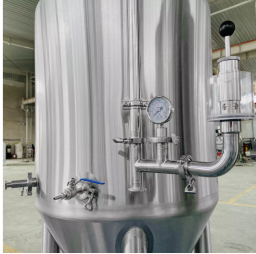Stainless steel fermentation tank with pressure gauge and valve fittings.