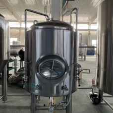 Stainless steel fermentation tank in a industrial brewing facility.