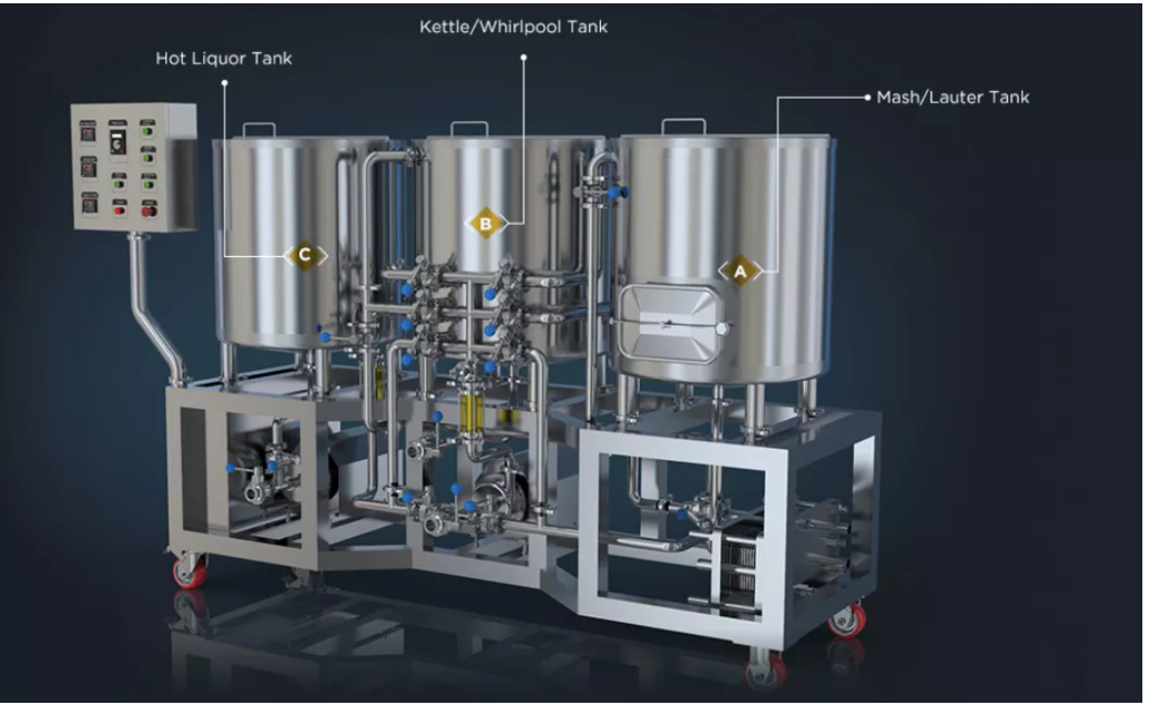 Industrial equipment featuring multiple stainless steel tanks and a control panel.