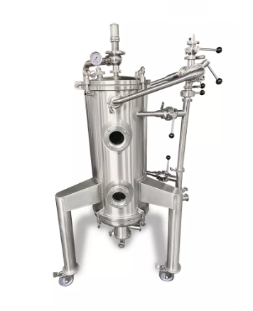 Stainless steel hop injection unit with pipes and valves for industrial processing.