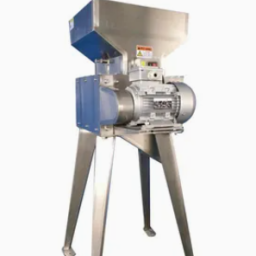 Industrial grinder with a metal body and a blue section, mounted on sturdy legs.