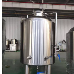 Stainless steel storage tank with two outlets and a pipe fitting.