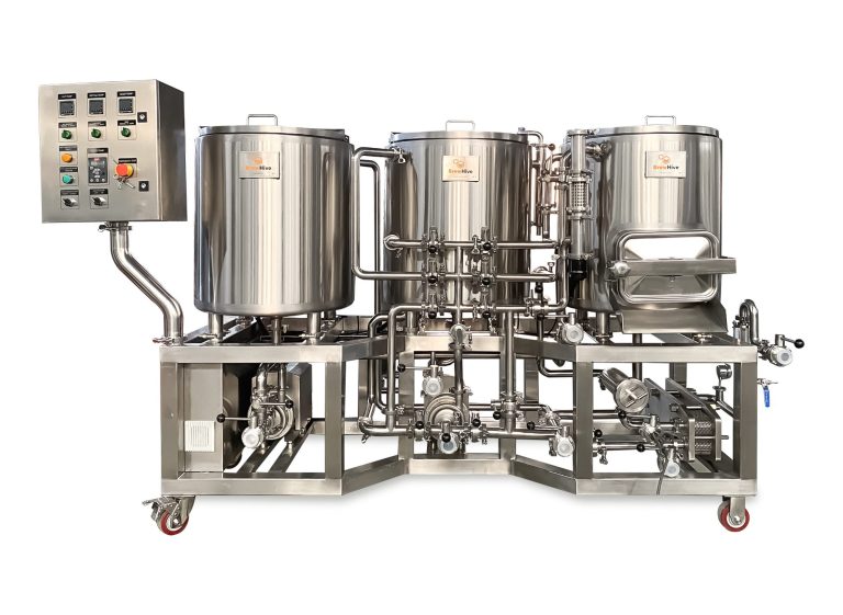 Stainless steel brewing system with three tanks and a control panel.
