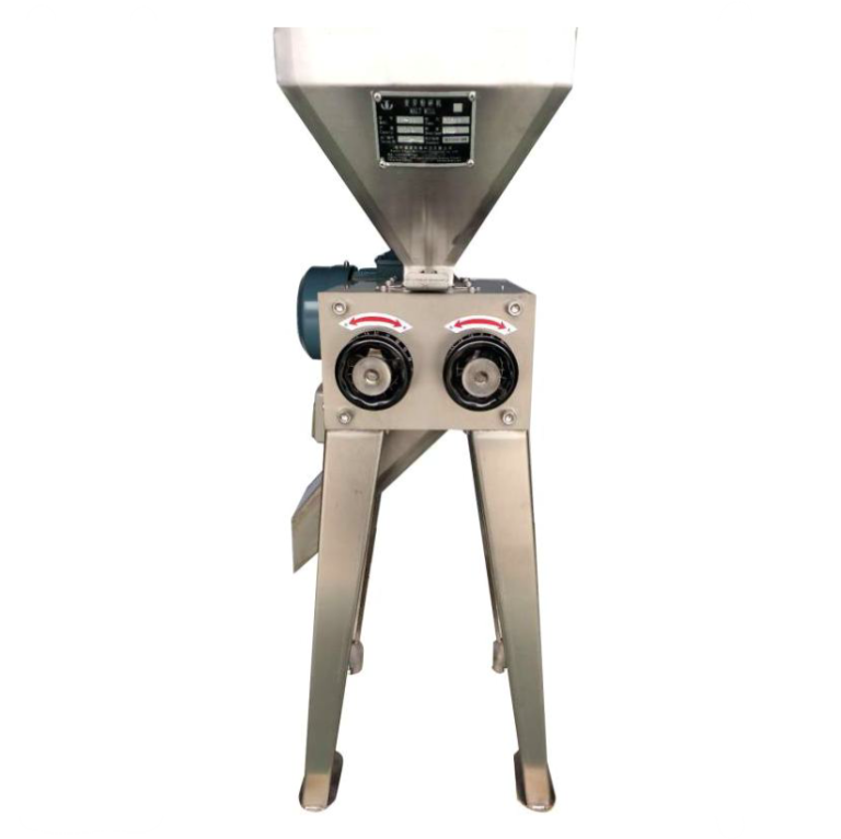 Stainless steel grain mill with control knobs and a funnel-shaped hopper.