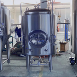 A stainless steel brewing vessel with a viewing window in an industrial setting.