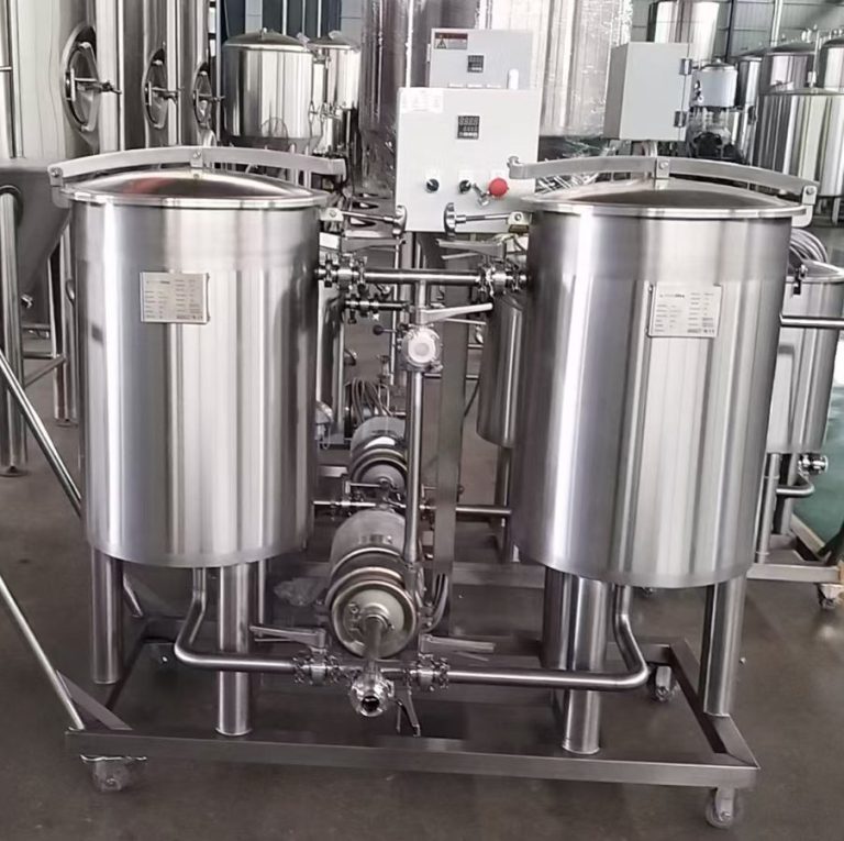 Stainless steel CIP Cart with two large tanks and connected piping.