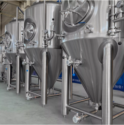 Row of shiny stainless steel fermentation tanks in an industrial setting.