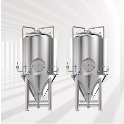Two stainless steel fermentation tanks on a light background.